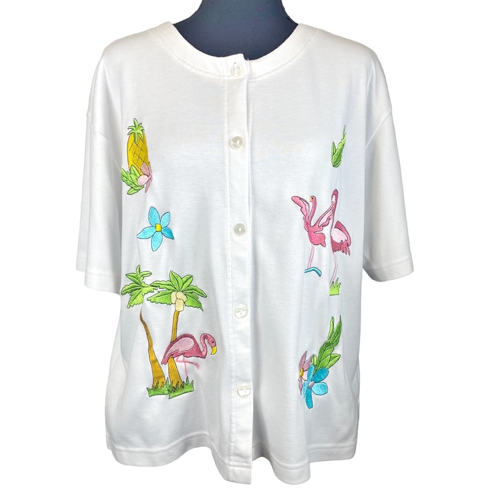 NEEDLE & THREADS ☆ Vintage Embroidered Short Sleeve Top ☆ Flamingo Palms